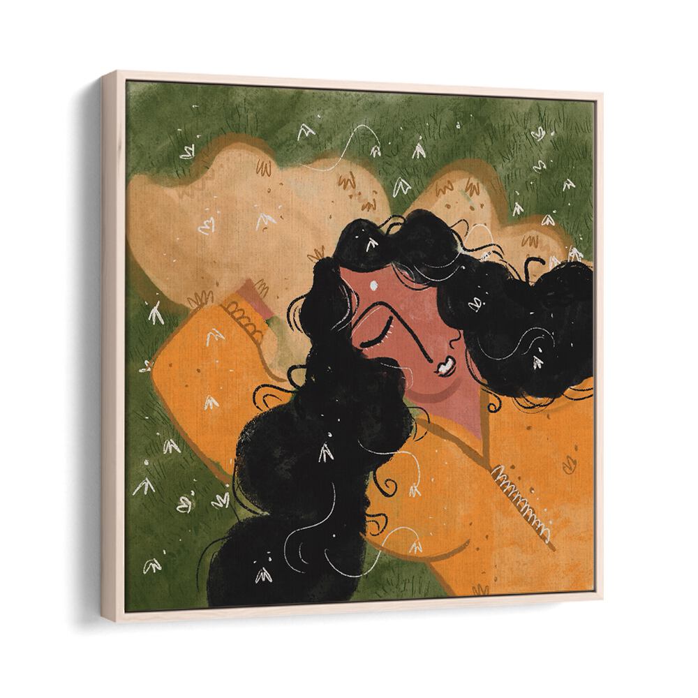 A Peaceful Day By Shreya Roy Chowdary, Indian Art Paintings Artwork in Oak Wood Floater Frame
