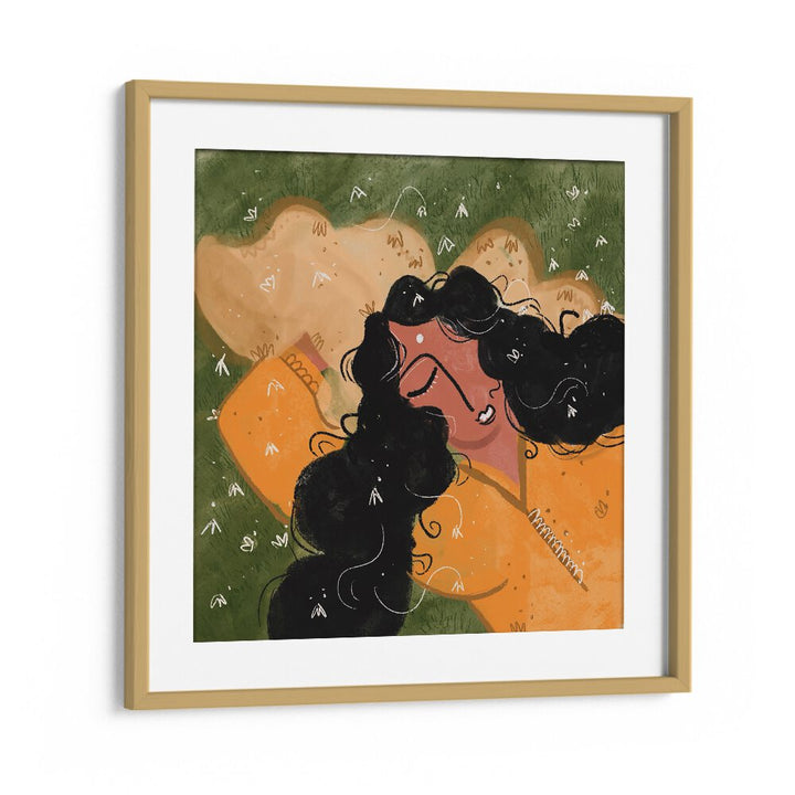 A Peaceful Day By Shreya Roy Chowdary, Indian Art Paintings Artwork in Oak Wood Frame With Mount