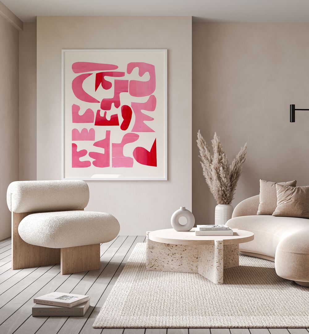 A Pink Puzzle By Ejaaz Haniff Fashion Art Artwork in Gallery Wrap Artwork Placed on a wall In A Living Room 