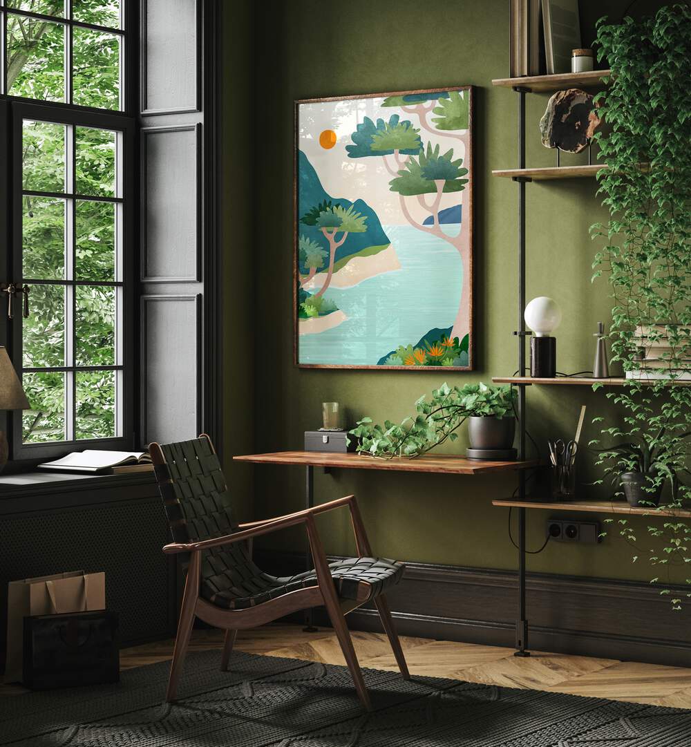 A Perfect Moment by Kristian Gallagher Botanical Flower Paintings Floral Paintings in Dark Wood Plain Frame placed on a wall behind a table and beside a window