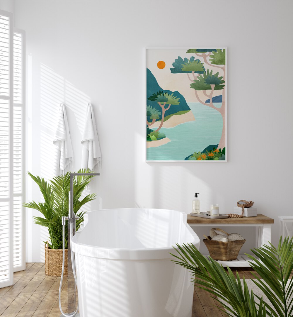 A Perfect Moment by Kristian Gallagher Botanical Flower Paintings Floral Paintings in White Plain Frame placed on a bathroom wall behind a bath tub