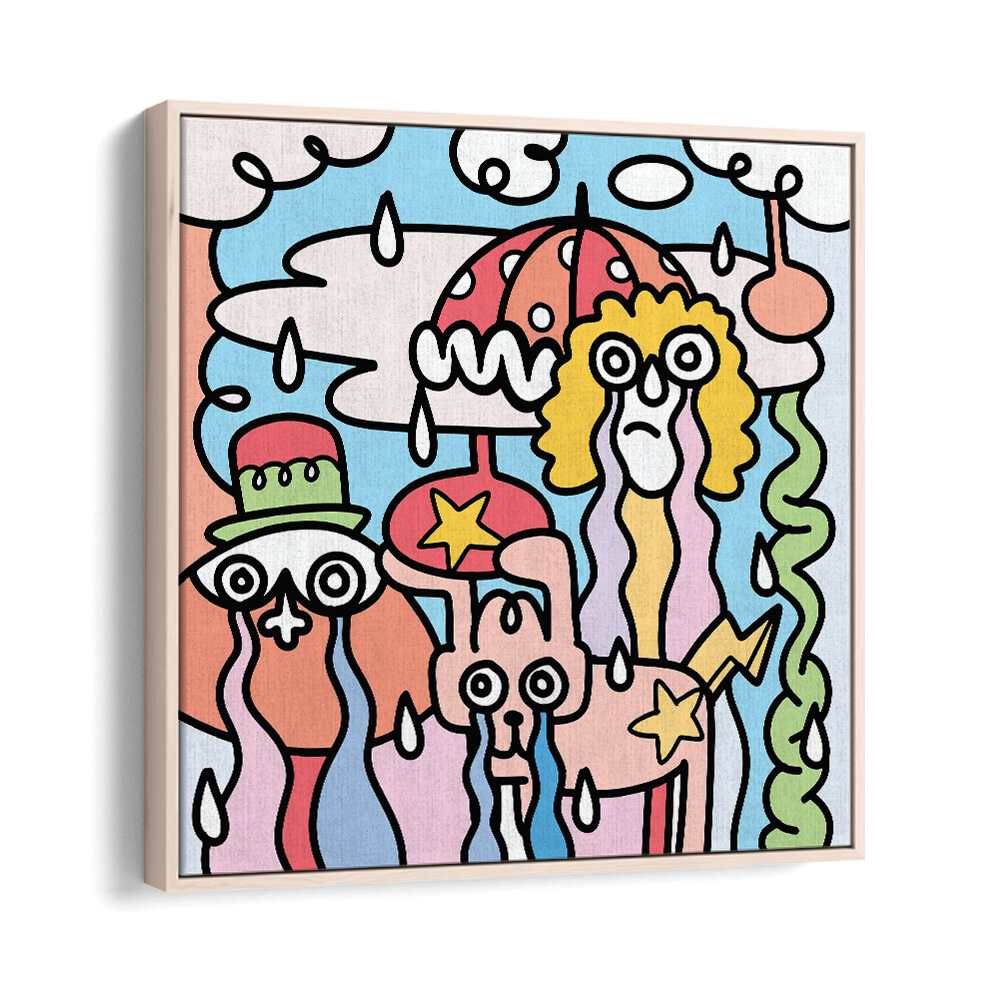 A Rainy Day Doodle Art Artwork in Oak Wood Floater Frame