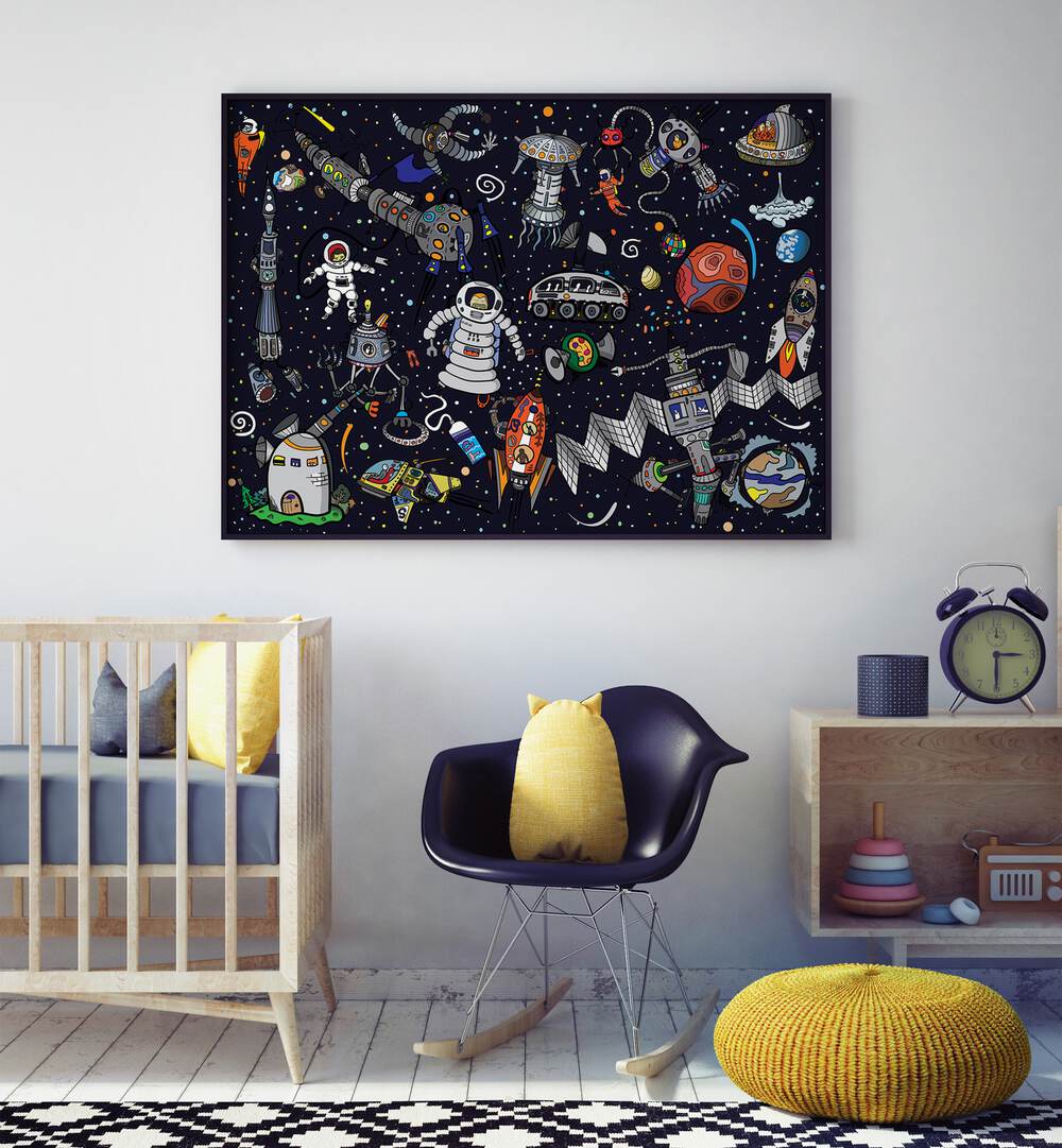 A Situation In Space Comic Art Artwork in Black Plain Frame on a White Wall in the Kids Bedroom