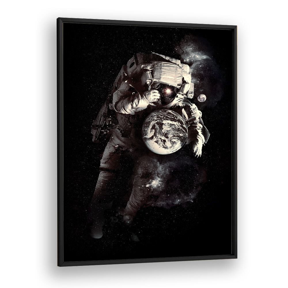 A Small World After All By Francis Minoza Astronaut & Nasa Paintings, Space Art Prints Artwork in Black Plain Frame
