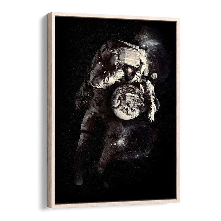 A Small World After All By Francis Minoza Astronaut & Nasa Paintings, Space Art Prints Artwork in Oak Wood Floater Frame
