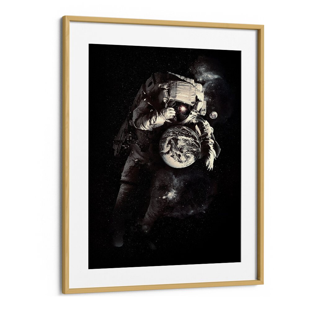 A Small World After All By Francis Minoza Astronaut & Nasa Paintings, Space Art Prints Artwork in Oak Wood Frame With Mount
