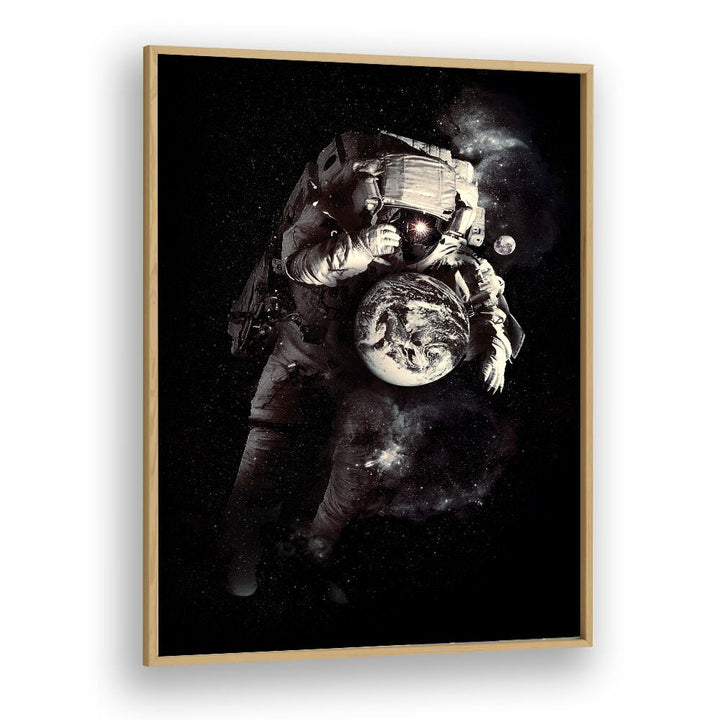 A Small World After All By Francis Minoza Astronaut & Nasa Paintings, Space Art Prints Artwork in Oak Wood Plain Frame
