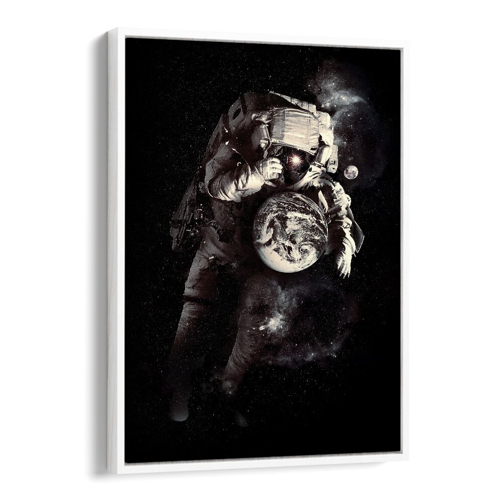 A Small World After All By Francis Minoza Astronaut & Nasa Paintings, Space Art Prints Artwork in White Floater Frame
