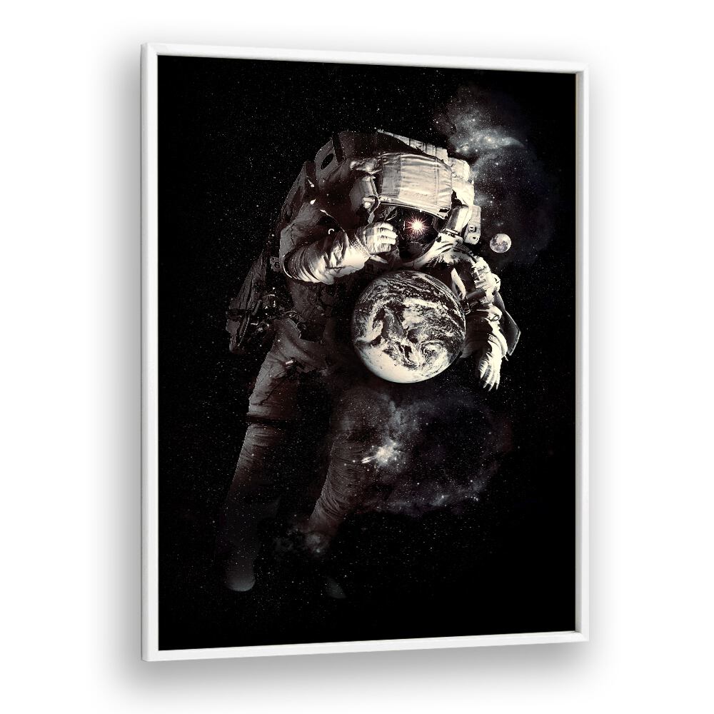 A Small World After All By Francis Minoza Astronaut & Nasa Paintings, Space Art Prints Artwork in White Plain Frame
