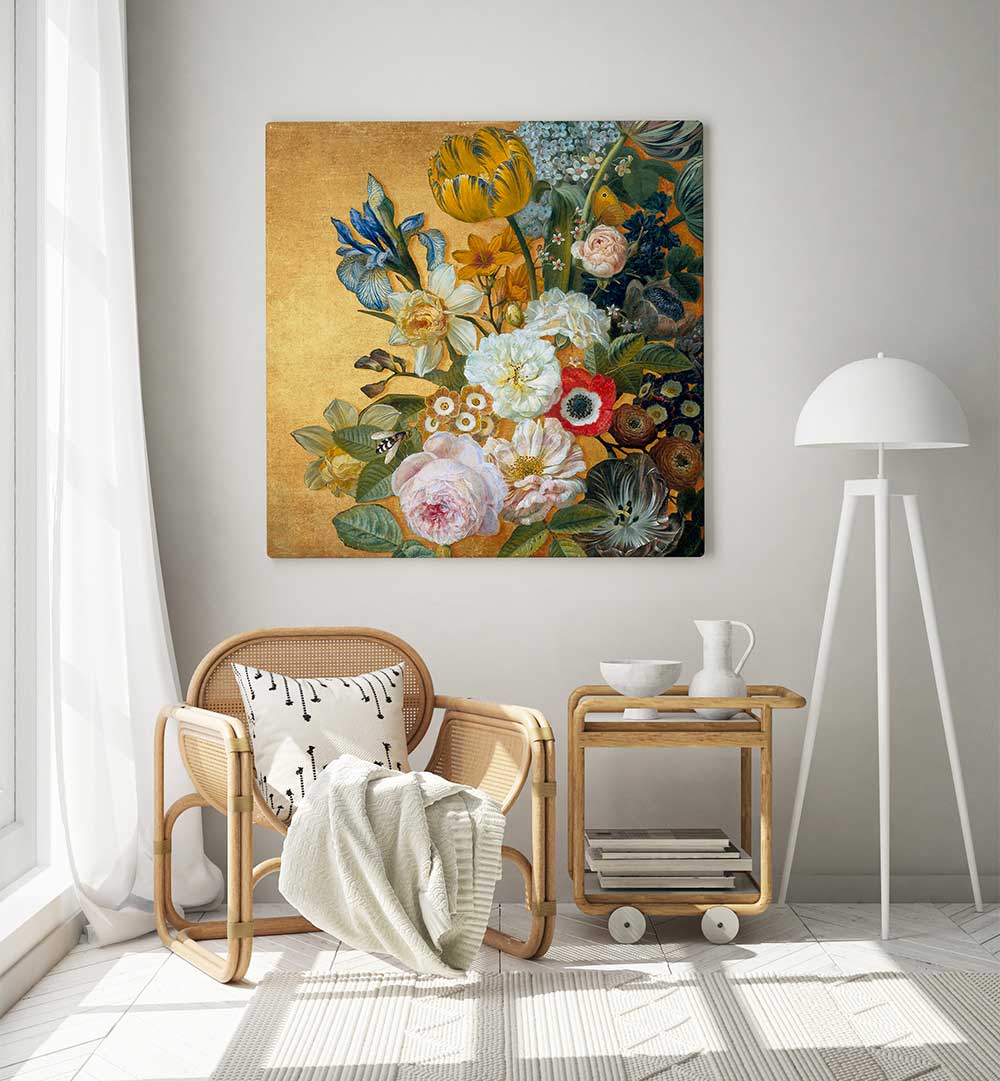 A STILL LIFE ON GOLD , FLORAL FLOWER PAINTINGS