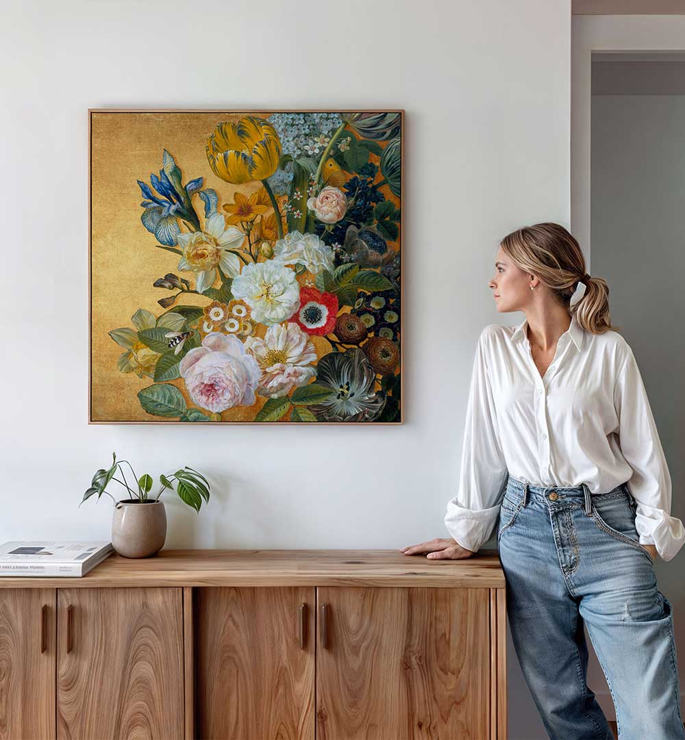 A STILL LIFE ON GOLD , FLORAL FLOWER PAINTINGS