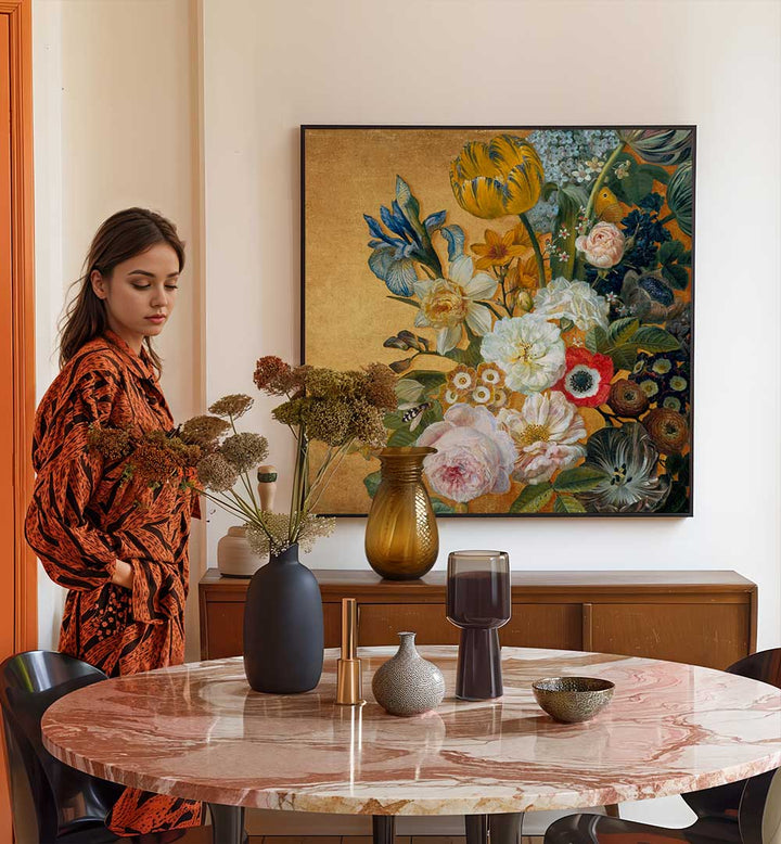 A STILL LIFE ON GOLD , FLORAL FLOWER PAINTINGS