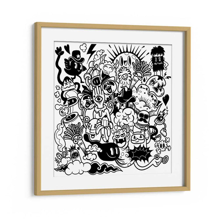 A Sunny Day Doodle Art Artwork in Oak Wood Frame With Mount