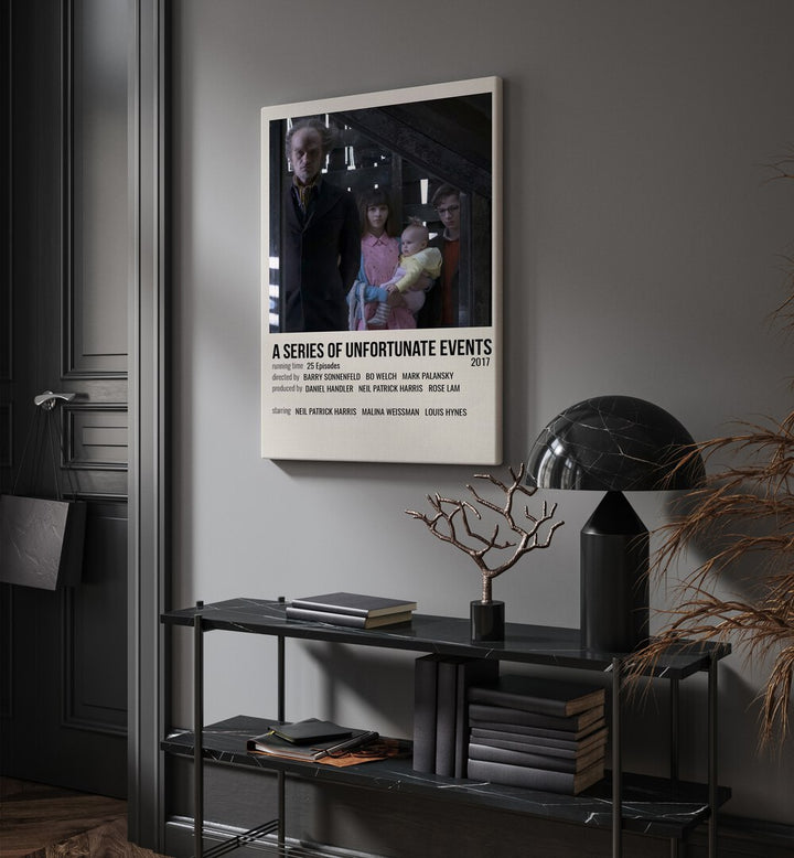 A Series Of Unfortunate Events 2017 Movie Posters in Gallery Wrap hanging on wall above console table beside door and window