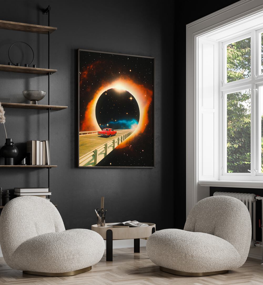 A SPACE JOURNEY, SURREAL ART PRINTS showcase a captivating cosmic scene, perfect for unique home decor by Taudalpoi.
