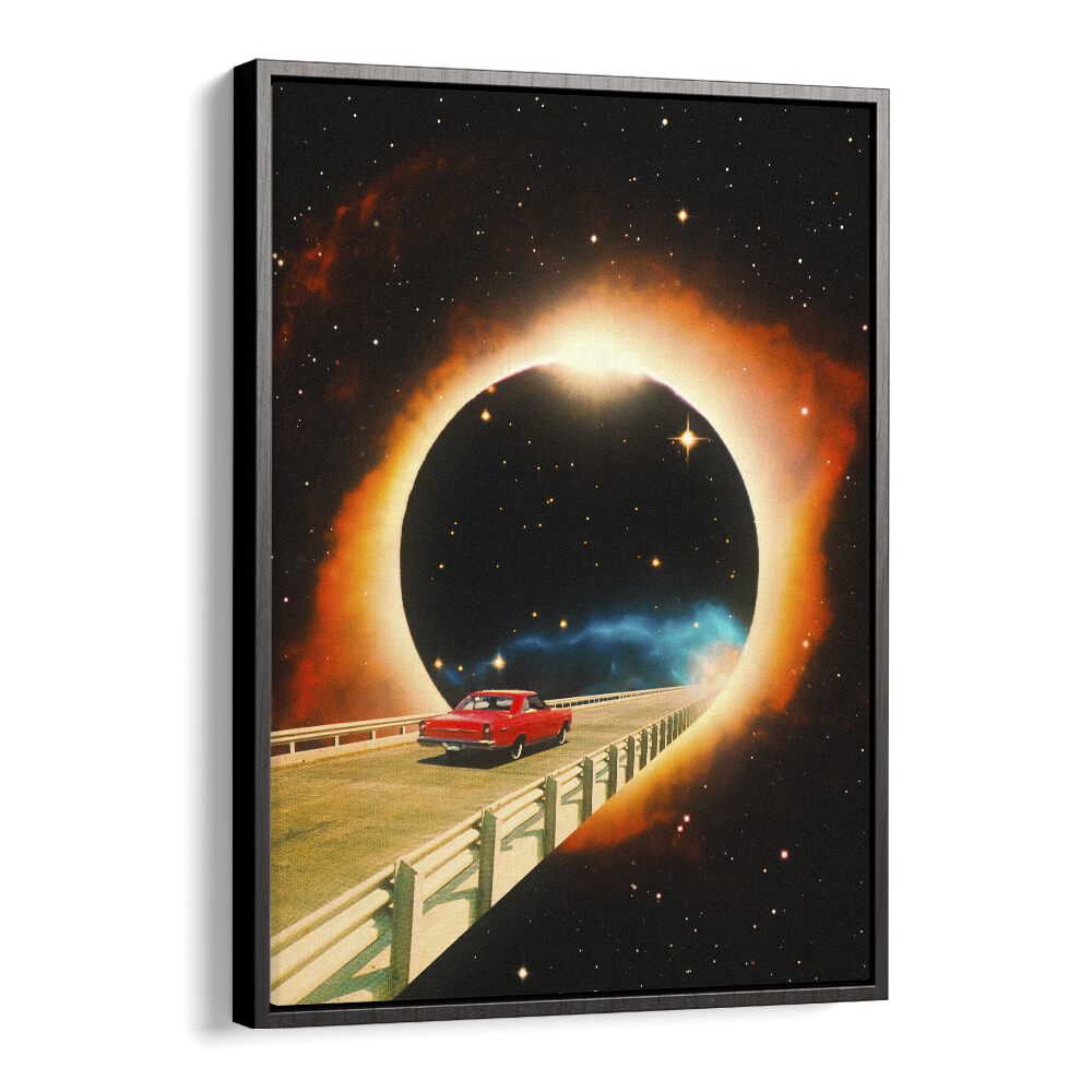 Red car driving through a cosmic tunnel in "A SPACE JOURNEY, SURREAL ART PRINTS" by Taudalpoi. Perfect for art lovers.