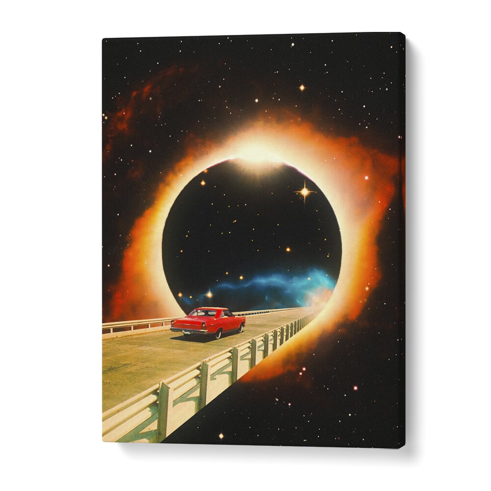 Explore the cosmos with "A SPACE JOURNEY, SURREAL ART PRINTS" by Taudalpoi, featuring a vibrant car and starry backdrop.