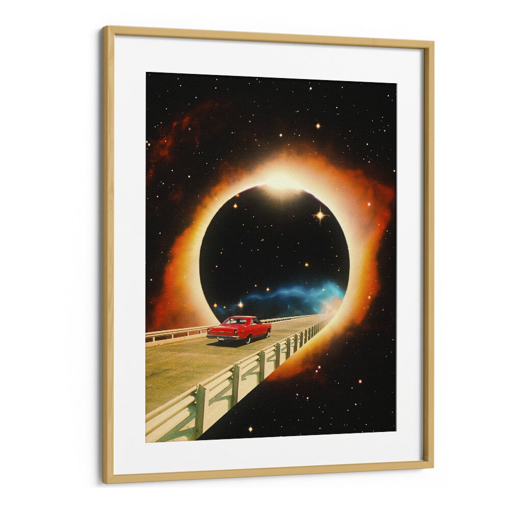 A SPACE JOURNEY, SURREAL ART PRINTS showcase a captivating cosmic scene with a vintage car in a stunning frame.