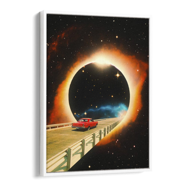 A SPACE JOURNEY, SURREAL ART PRINTS showcase a vibrant cosmic scene with a classic car on a surreal road.