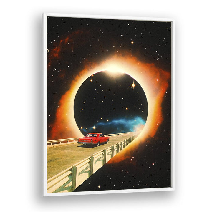 Surreal art prints titled "A SPACE JOURNEY" featuring a cosmic scene with a red car in a starry universe.