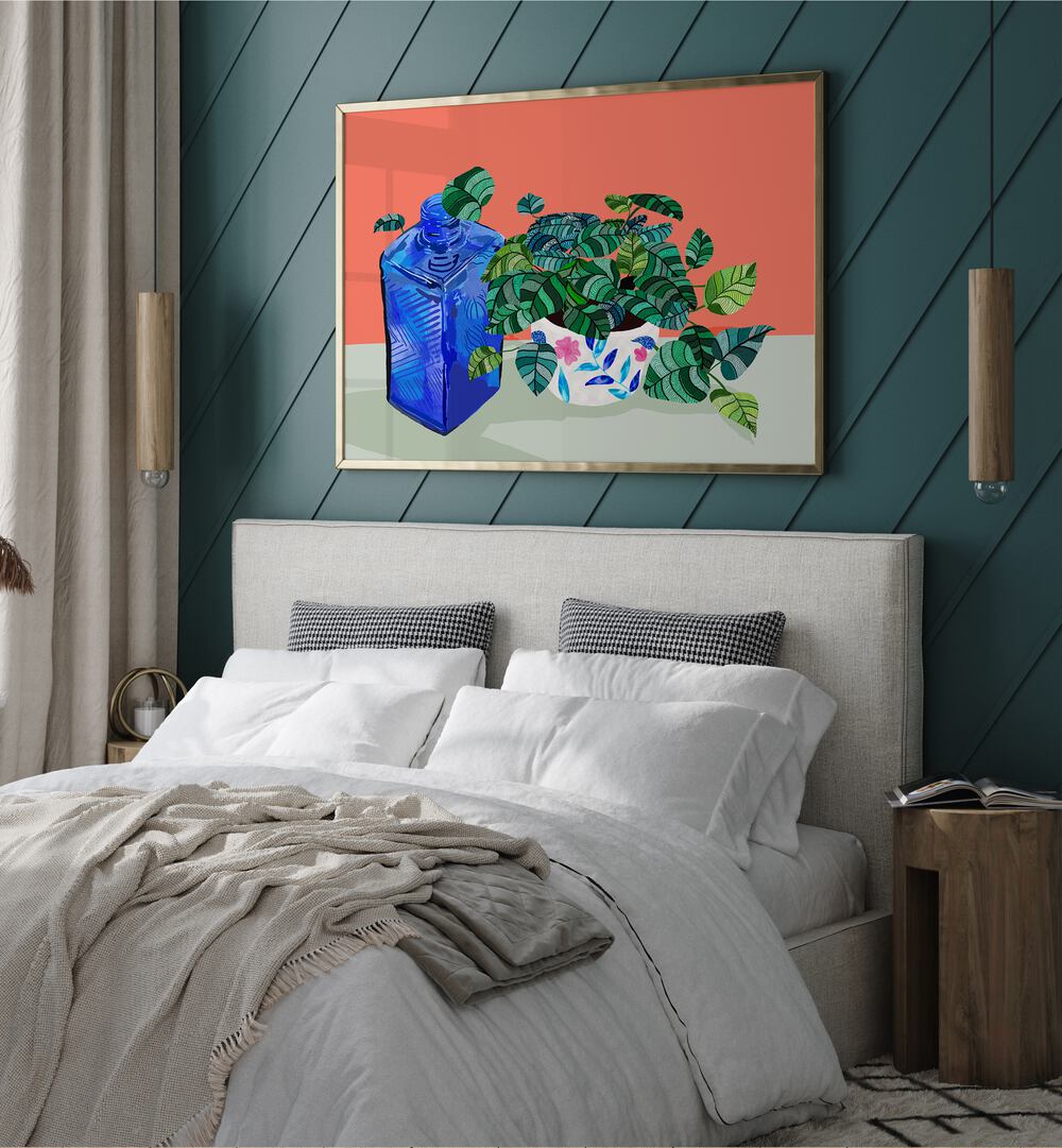 A Still Life Moment By Uma Gokhale Botanical Art Prints in Gold Plain Frame on a wall behind a bed for bedroom