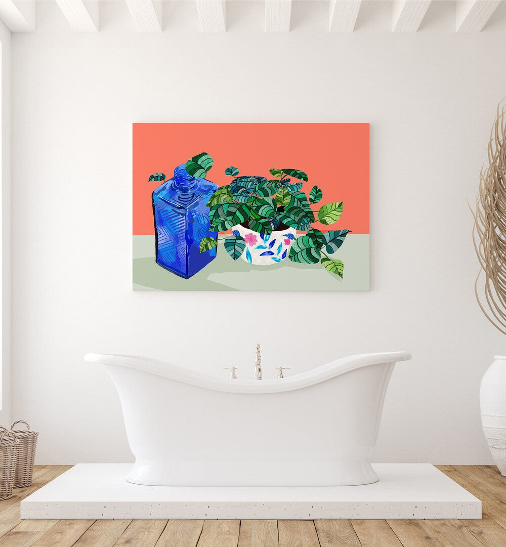 A Still Life Moment By Uma Gokhale Botanical Art Prints in Gallery Wrap on a white wall behind a bathtub for bathroom