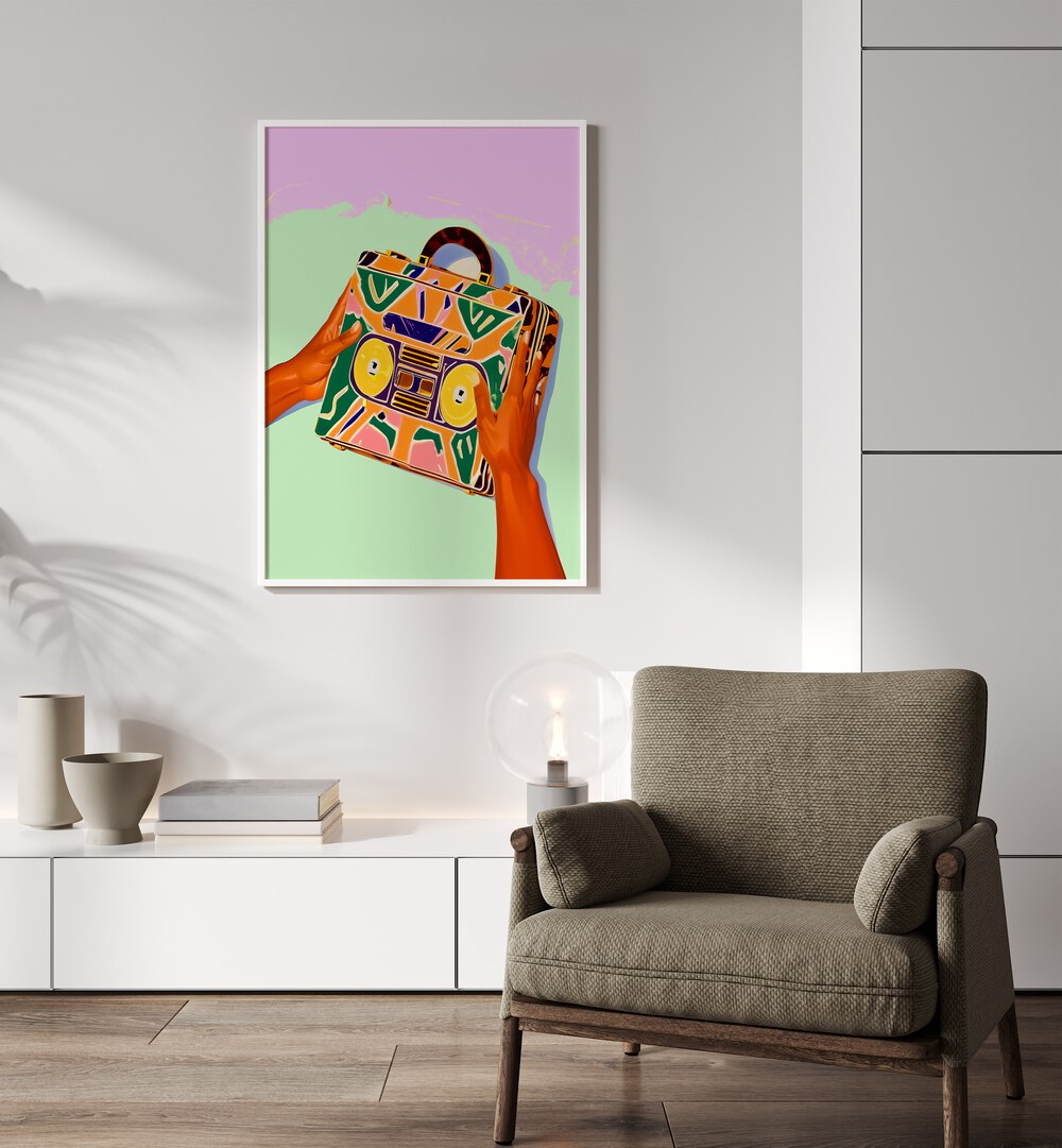 A Suitcase Full of Memories By Uma Gokhale Fashion Poster in White Plain Frame on a white wall behind a sofa