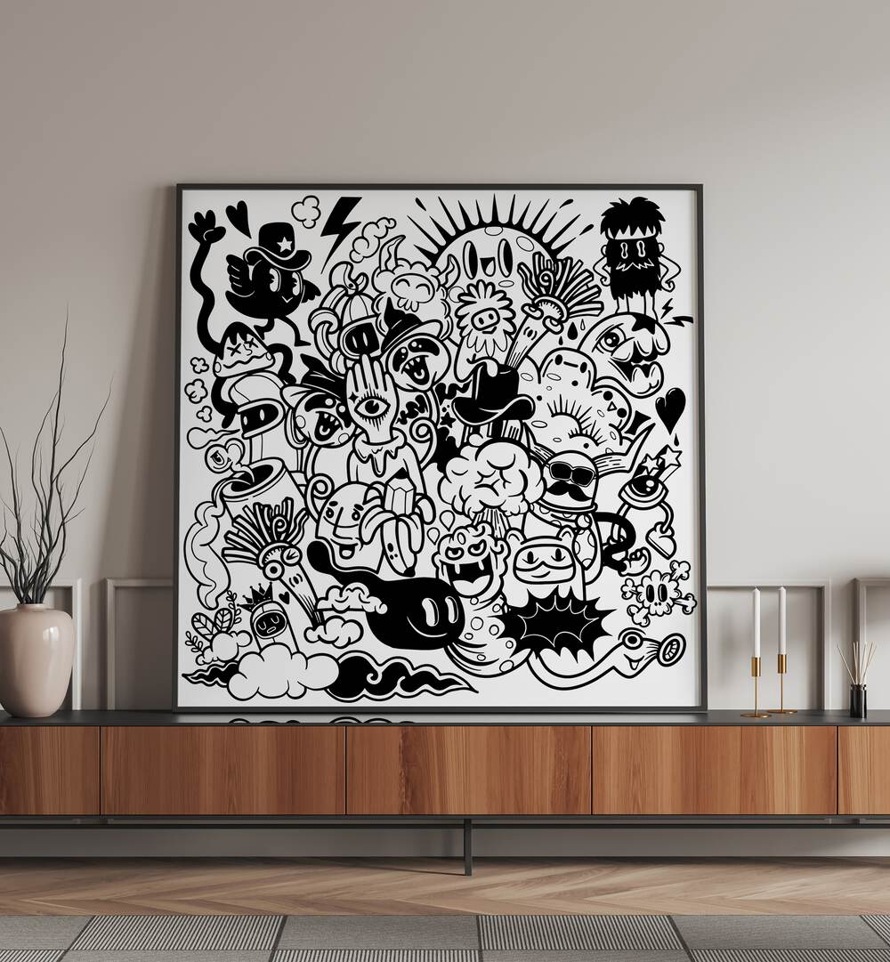 A Sunny Day Doodle Art Painting in Black Plain Frame placed on black table