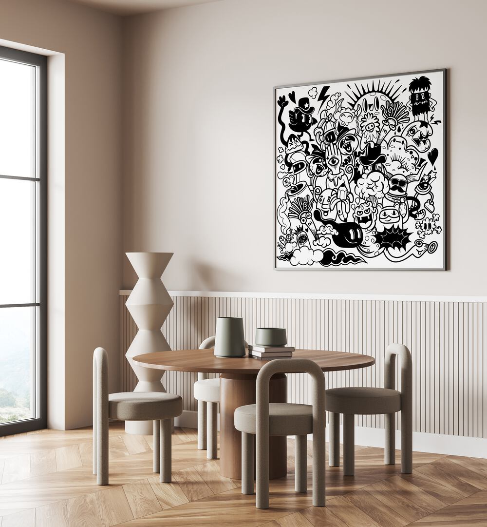 A Sunny Day Doodle Art Painting in Black Plain Frame placed on wall behind a dinning table