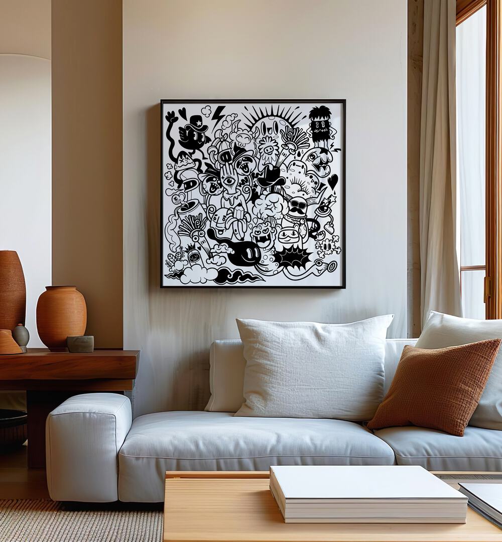 A Sunny Day Doodle Art Painting in Black Plain Frame placed on wall behind a sofa