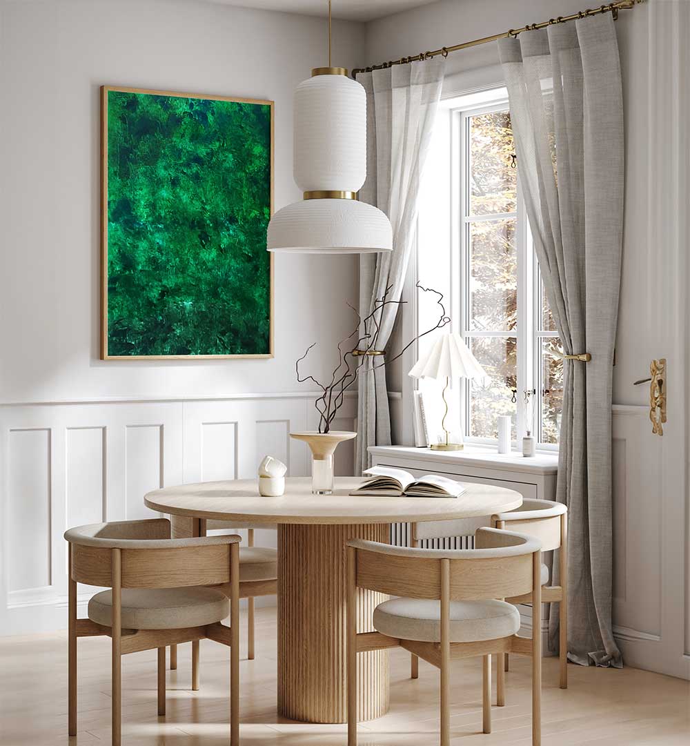 Vibrant green A TASTY , ABSTRACT PAINTINGS enhances a modern dining space, adding artistic flair and inspiration.