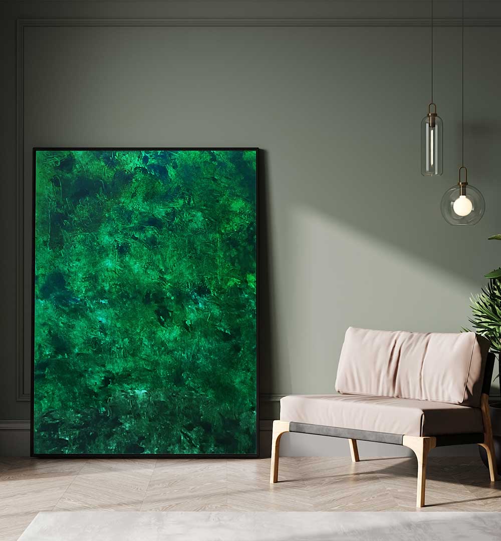 Vibrant green hues in a modern setting highlight A TASTY, ABSTRACT PAINTINGS, perfect for elevating any space.