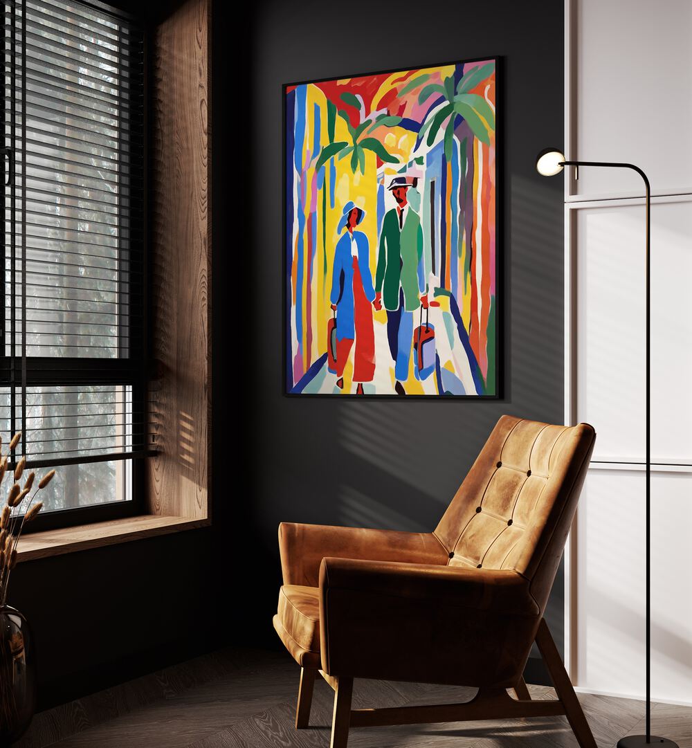 A Witness To Your Life By Uma Gokhale Art Prints in Black Plain Frame on a wall beside an orange sofa