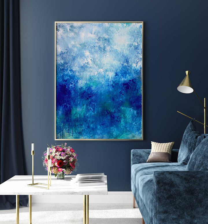 Stunning ABSTRACTION DESIGN V, ABSTRACT PAINTINGS enhance modern living spaces with captivating blue hues and texture.