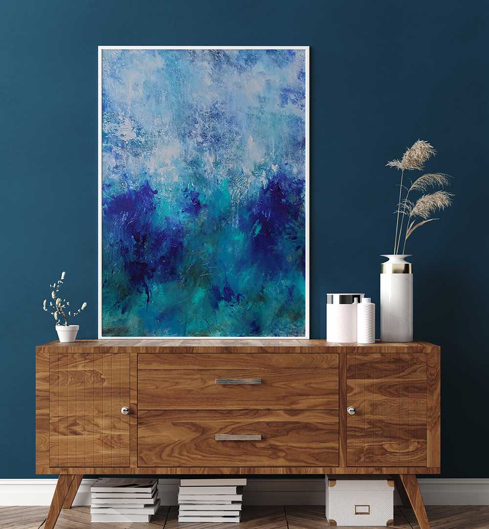Vibrant ABSTRACTION DESIGN IV, ABSTRACT PAINTINGS adorns a stylish living space, enhancing contemporary artistry.