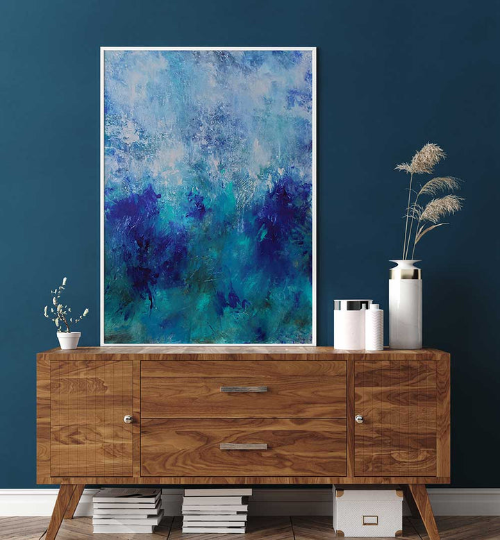 Vibrant ABSTRACTION DESIGN IV, ABSTRACT PAINTINGS adorns a stylish living space, enhancing contemporary artistry.