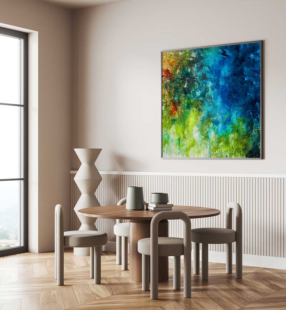 Vibrant colors of ABSTRACT DESIGN I, ABSTRACT PAINTINGS enhance modern interiors with contemporary elegance.