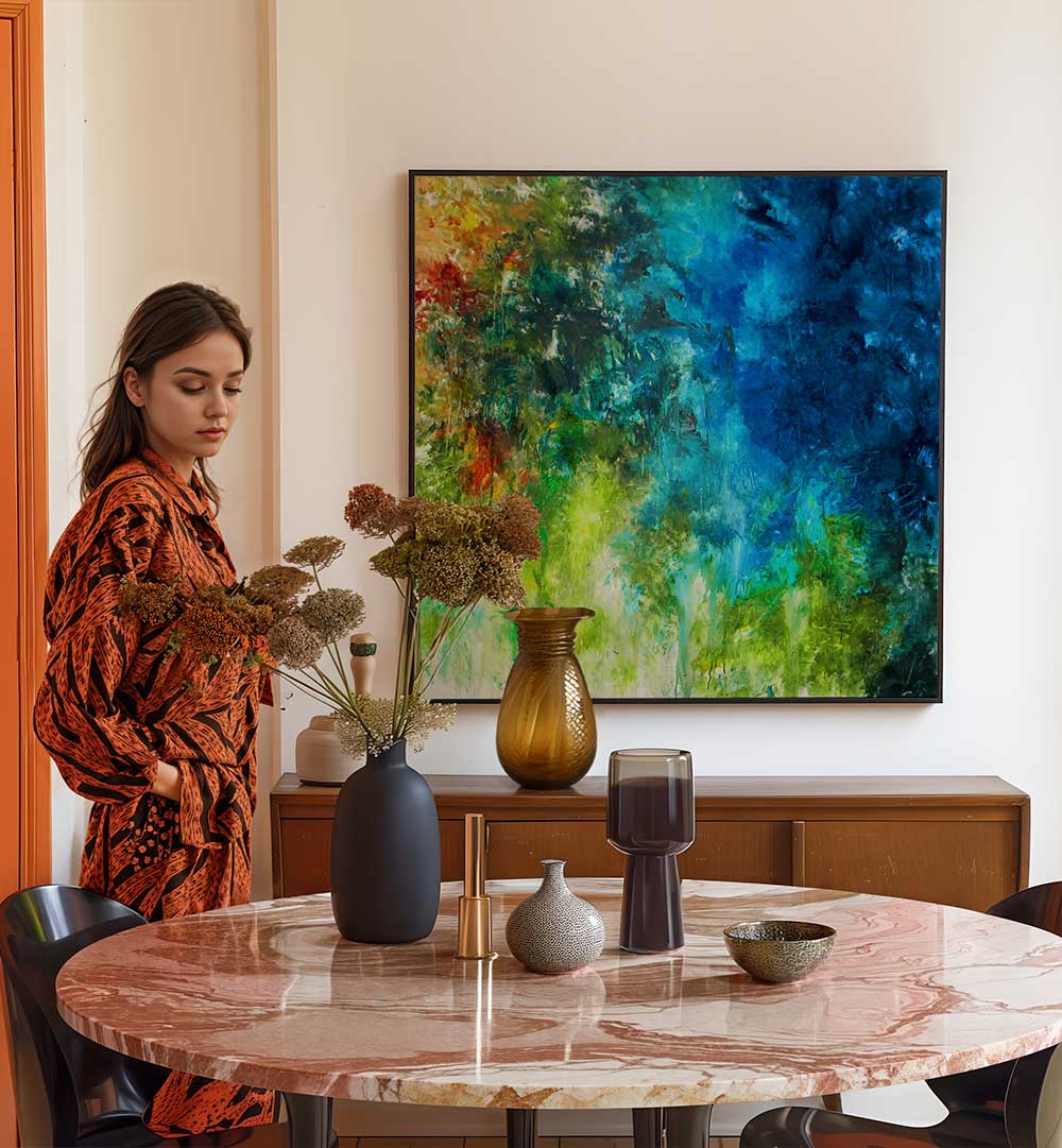 Stylish interior featuring ABSTRACT DESIGN I, ABSTRACT PAINTINGS, enhancing modern elegance in any space.