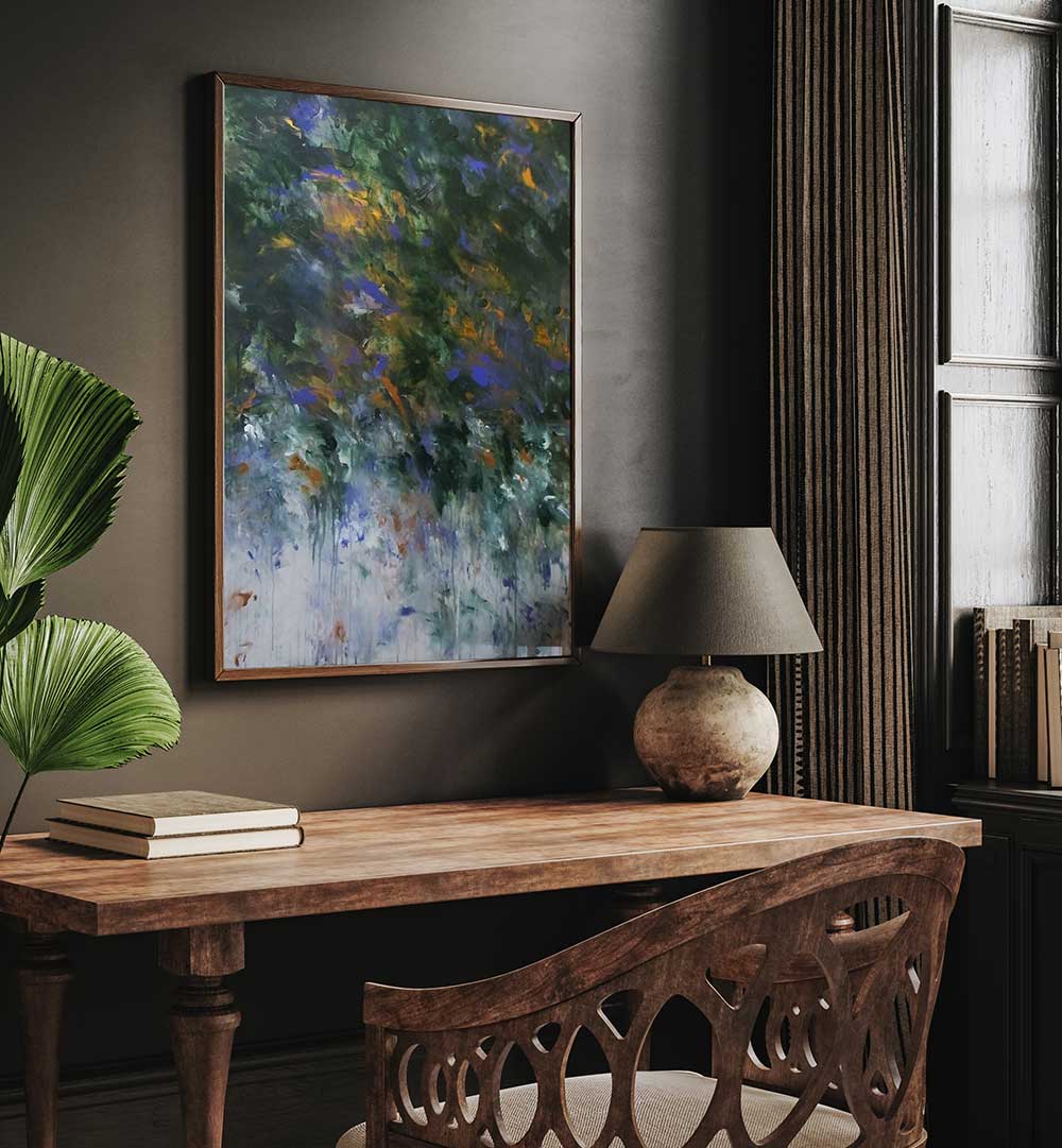 Stunning ABSTRACTION DESIGN I, ABSTRACT PAINTINGS elevating decor with captivating colors and textures in a stylish setting.