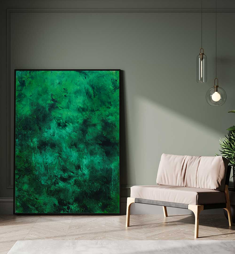 Transform your space with ABSTRACT DESIGN XII, a captivating piece of abstract paintings featuring rich greens.