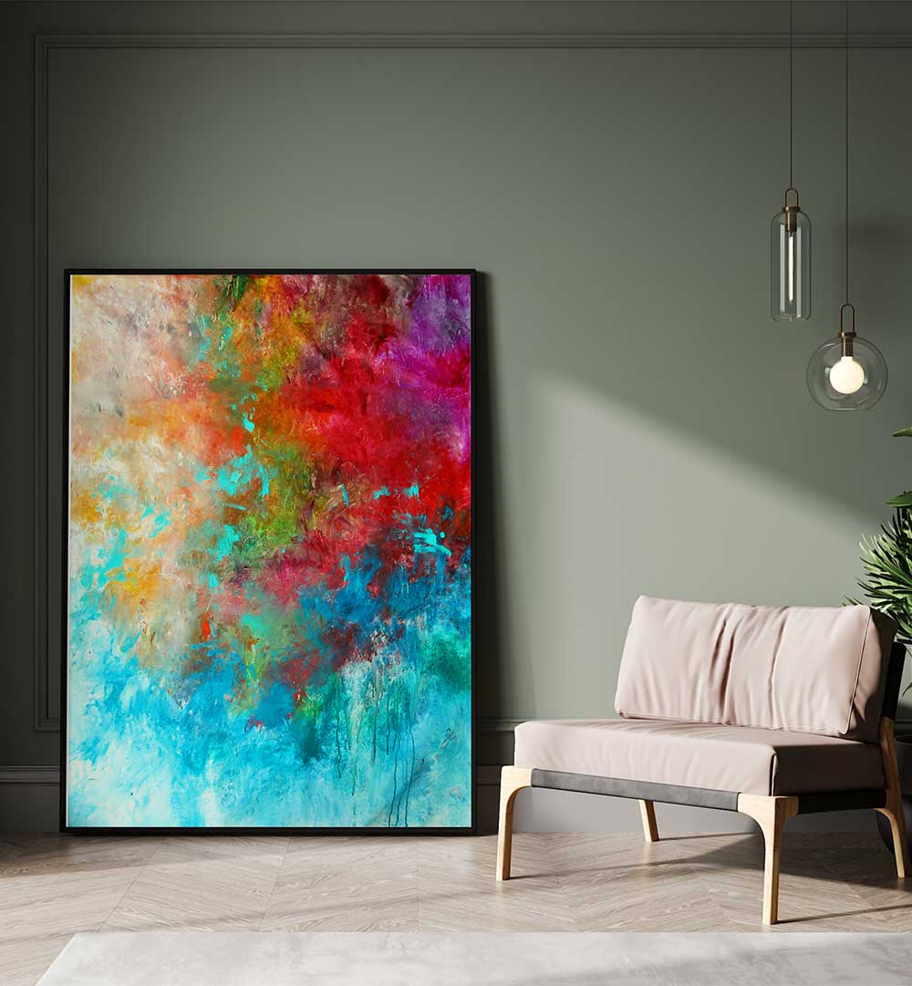 Vibrant ABSTRACT DESIGN IX, ABSTRACT PAINTINGS piece enhancing modern interiors with color and creativity.