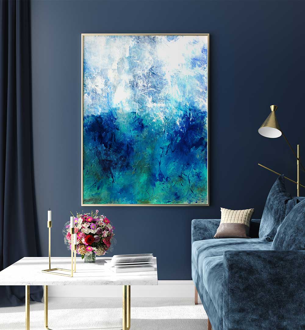 Vibrant ABSTRACTION DESIGN X, ABSTRACT PAINTINGS enhance a stylish living room with captivating colors and textures.