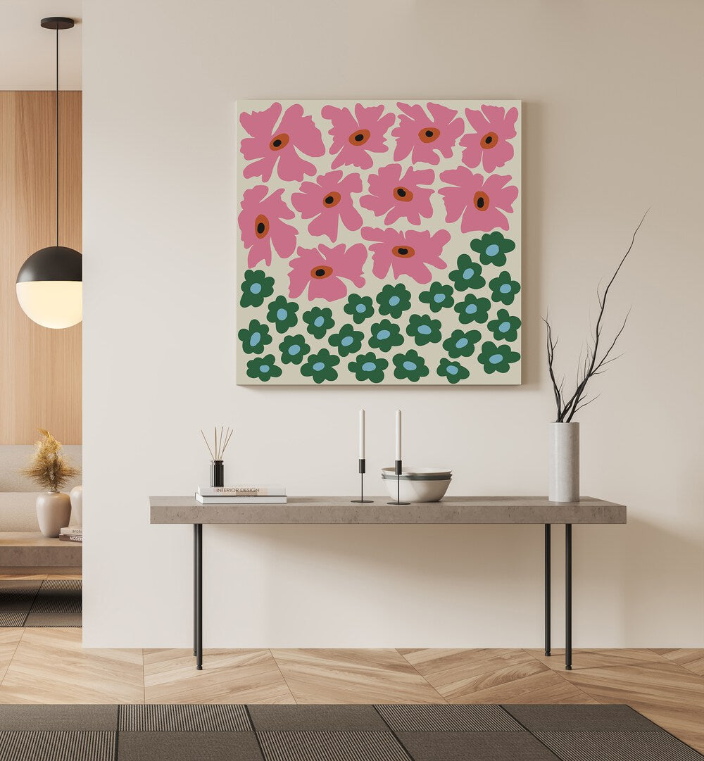 Abstract Floral V, Botanical Art Paintings Artwork in Gallery Wrap
placed on a Cream Colored Wall
placed above a Console Table
in the Drawing Room
