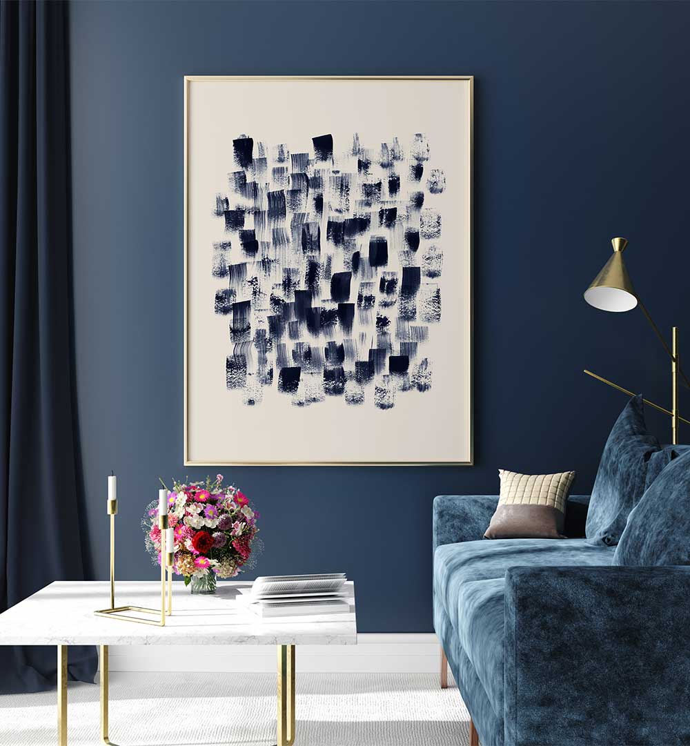 Abstract Navy Rain on Cream, abstract paintings showcasing rich navy and soft cream tones for modern elegance.