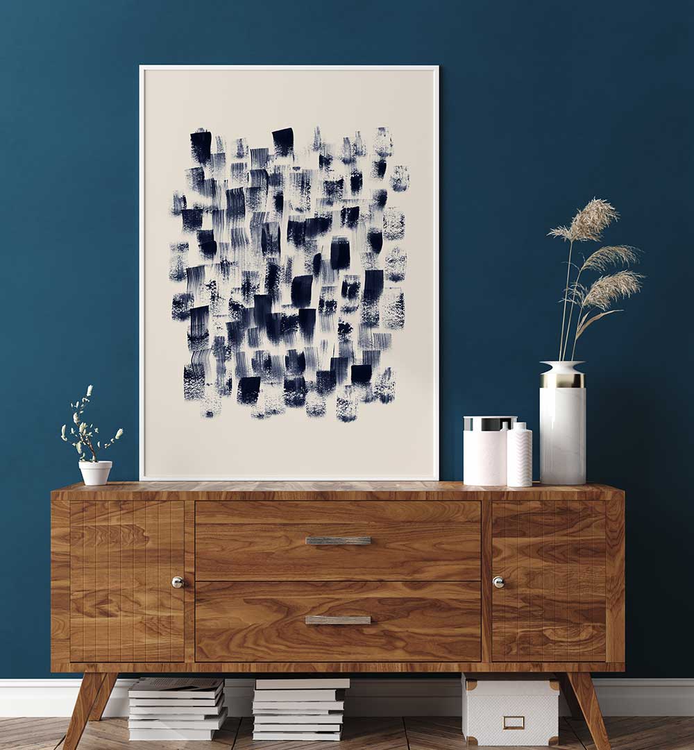 Abstract Navy Rain on Cream, abstract paintings blending rich navy and soft cream tones for modern elegance.