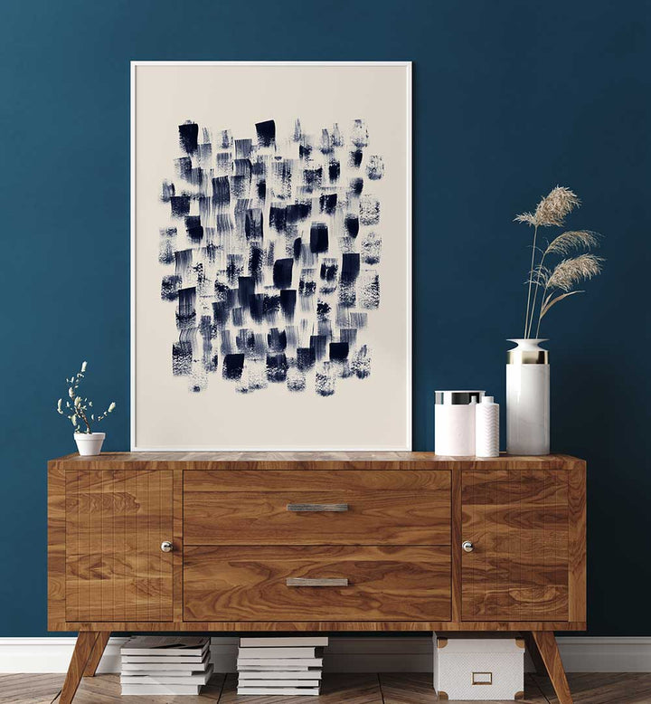Abstract Navy Rain on Cream, abstract paintings blending rich navy and soft cream tones for modern elegance.