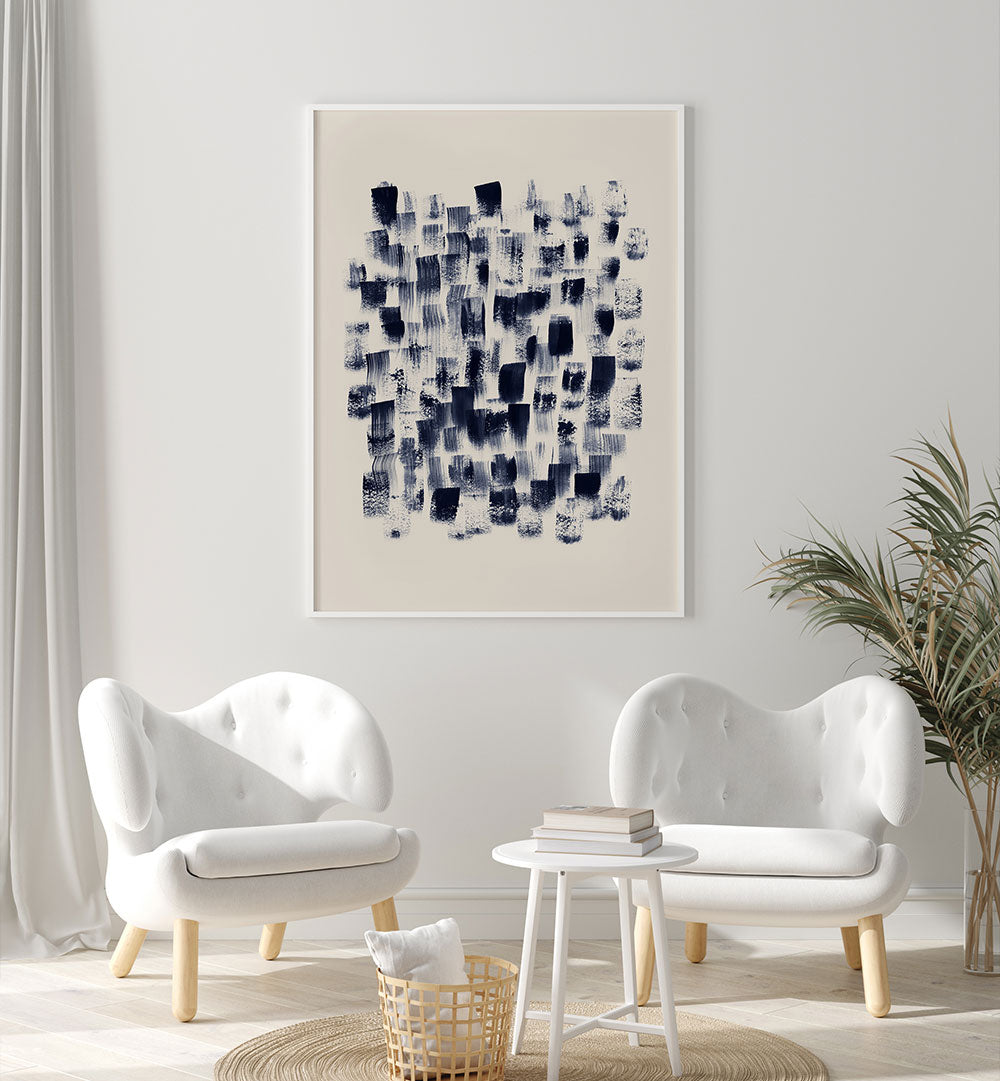 Elegant abstract painting, "ABSTRACT NAVY RAIN ON CREAM," features navy and cream tones, enhancing modern decor.