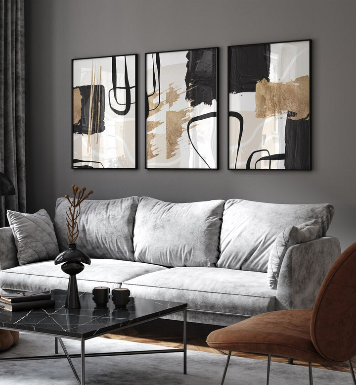 ABSTRACT BLACK AND GOLD SET , SET OF 3 PAINTINGS