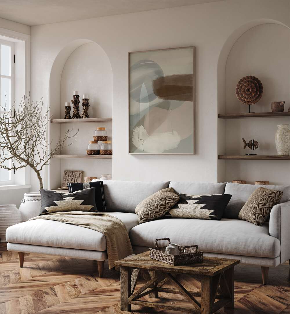 Stylish living room featuring ABSTRACT GREEN HORIZON, ABSTRACT PAINTINGS for a modern aesthetic. Perfect for any space.