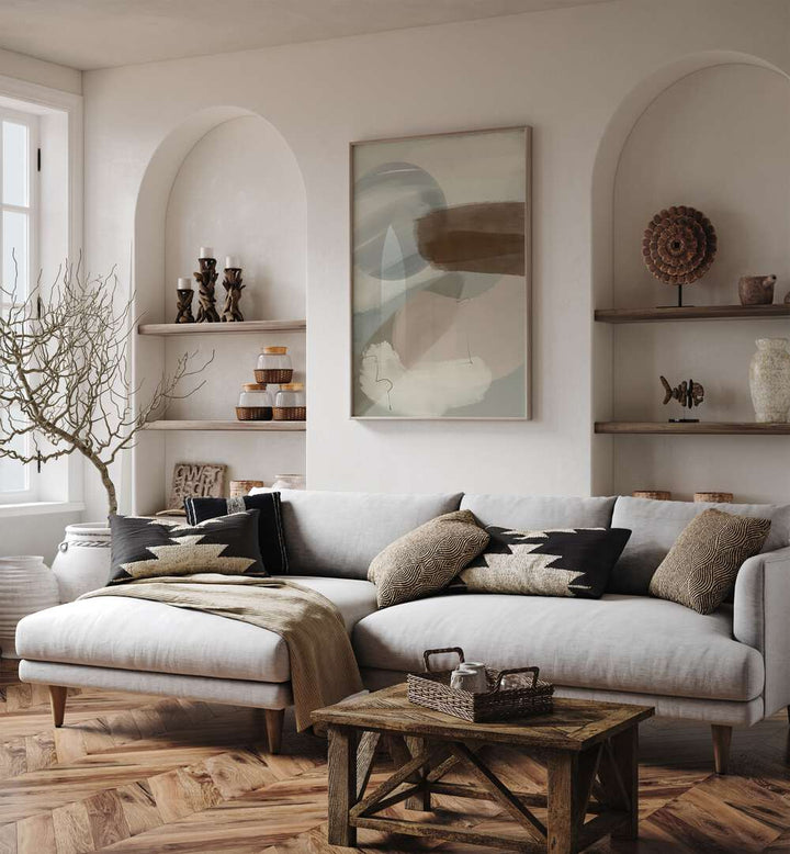 Stylish living room featuring ABSTRACT GREEN HORIZON, ABSTRACT PAINTINGS for a modern aesthetic. Perfect for any space.